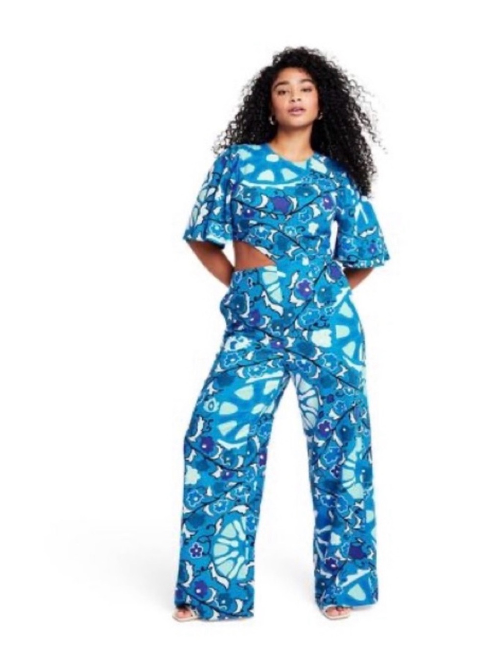 RHODE X TARGET Zinnia Blue Floral Cut Out Jumpsuit XXL wide Leg Plus Curvy AD7